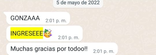 Mensaje de un estudiante que ingresó en WhatsApp